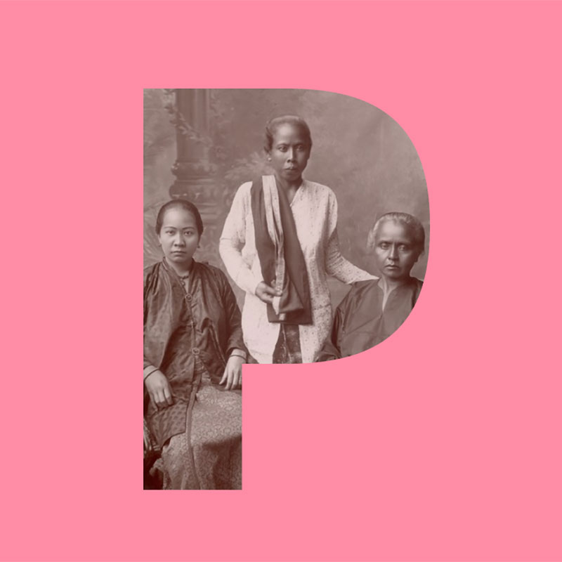 Three women of different ethnicities with the letter 'P' cropped out to reveal the image beneath